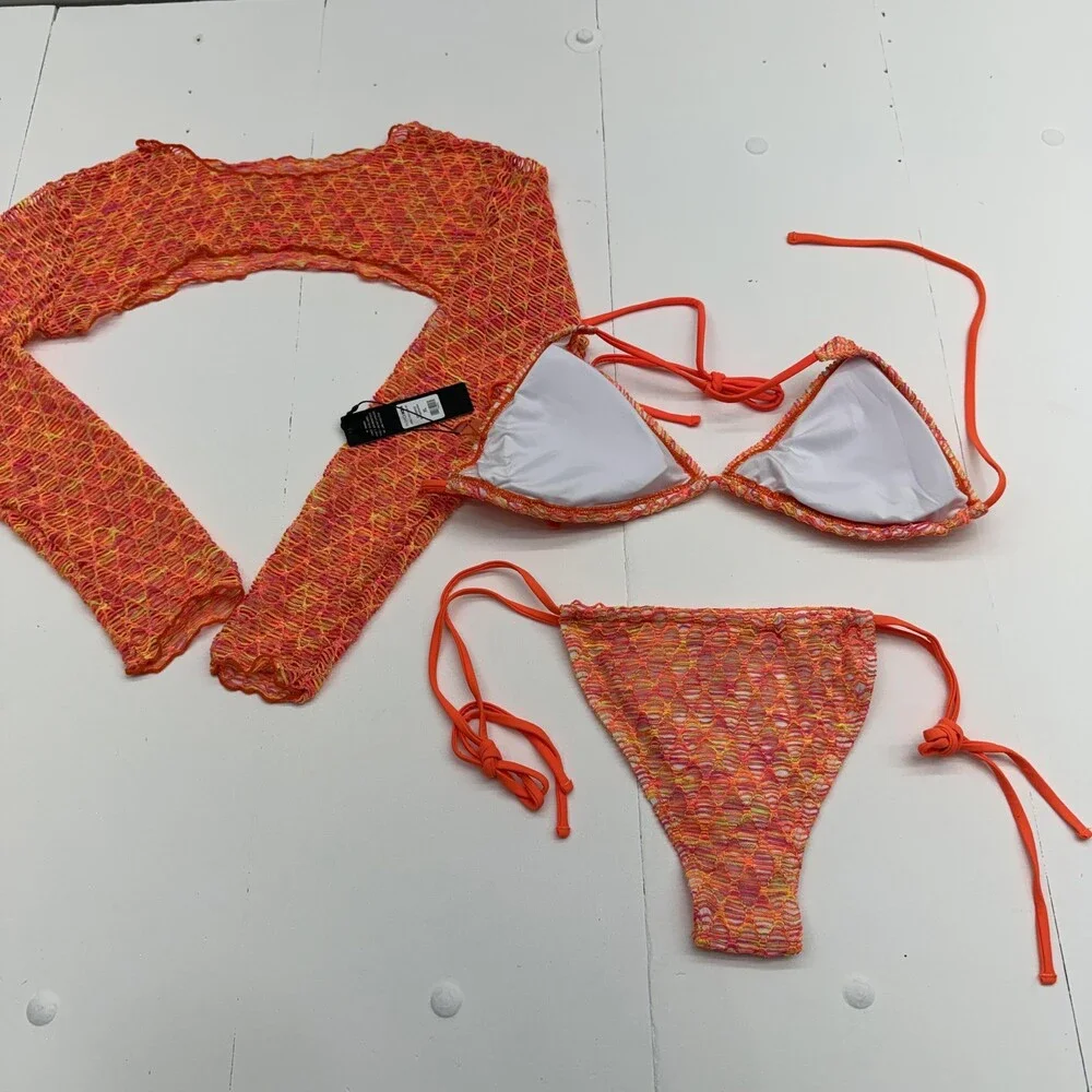 Fashion Nova Bikini Swimsuit Set Womens XL Orange Crochet 3 Piece Lined Stretch